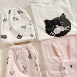Японская хлопковая мультяшная пижама, кролик, шорты с круглым воротником, комплект, кот, короткий рукав