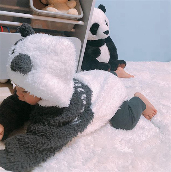 WINTER CUTE JAPANESE HALLOWEEN PANDA KIDS HOODED CRAWLER JACKET TOP TROUSERS JACKET SET BEAR EARS PAJAMAS