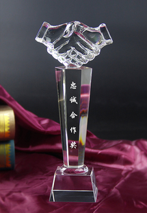 握手奖杯 水晶奖杯定制现货定做奖杯 刻字 水晶 定制 合作伙伴奖