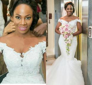 Bridal Gown Dresses Wedding 非洲新娘包肩MN蕾丝鱼尾婚纱定制