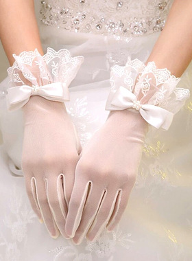 新娘手套白色缎面蝴蝶结蕾丝婚礼短婚纱礼仪结婚纱配饰拍照ST013