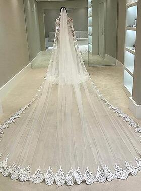 新娘白色水溶蕾丝拖尾头纱300cm