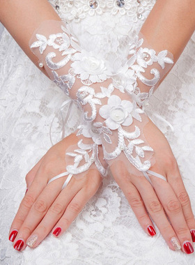 新娘手套女长款短款结婚婚纱蕾丝白春秋冬夏红色绑带大码ST037