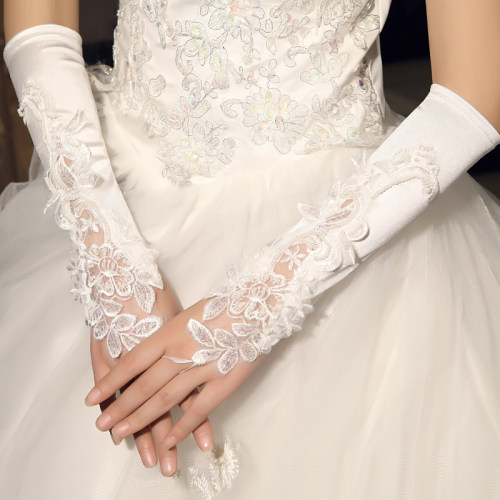新娘婚纱礼服表演短纱勾指无指蕾丝仿珍珠手套结婚配饰Gloves