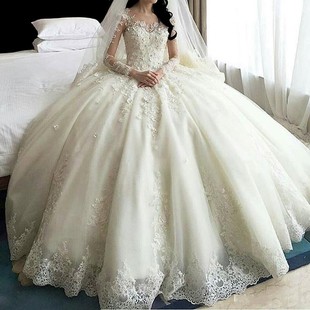 Bridal Gown Dresses 新娘豪华奢侈拖尾Weddding 星空婚纱礼服长袖