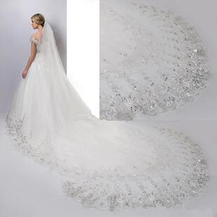 亮片蕾丝新娘头纱长款拖尾婚纱礼服配饰大拖尾Bride Veil T033