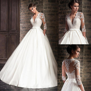 Line Appliques 婚纱定做 Lace Neck Dresses Satin Wedding