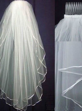 新款白色裸纱双层带发梳欧式头纱素纱头纱Bridal Veil