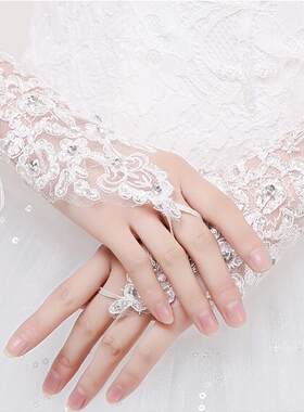新娘婚纱蕾丝镂空绑带镶钻手套