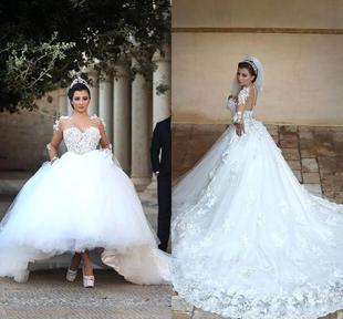 大拖尾长袖花边新娘结婚白色婚纱Wedding Bridal Gown Dress 2017