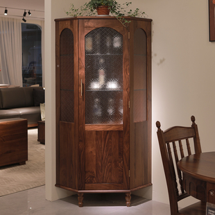 北美黑胡桃木转角柜墙角柜中古风实木三角柜客厅酒柜复古储物边柜