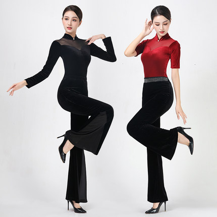 高端现代形体舞女旗袍领金丝绒模特走秀形体训练礼仪舞蹈衣服套装