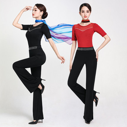 新款气质模特现代舞练功服女短袖上衣喇叭裤套装高端形体舞蹈服装