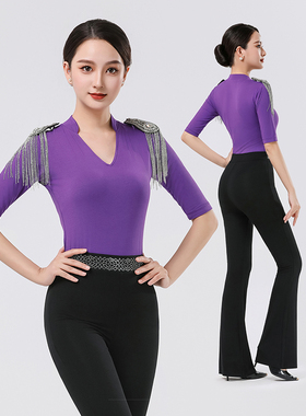 2025新款高端形体训练服装女套装流苏V领上衣礼仪培训时尚舞蹈服