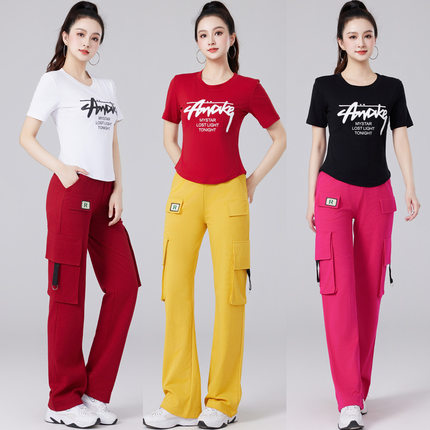 2025新款广场舞服装上衣短袖上衣修身显瘦跳健身操夏季衣服套装女