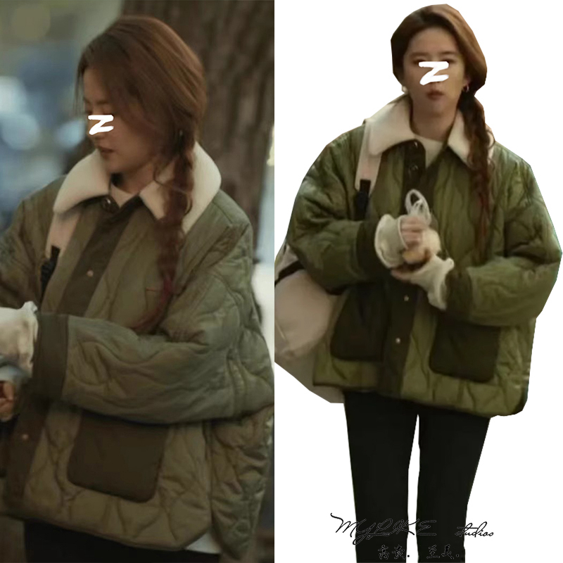 明星同款菱形格子保暖加厚军绿色棉服棉衣外套拼色领设计百搭风衣