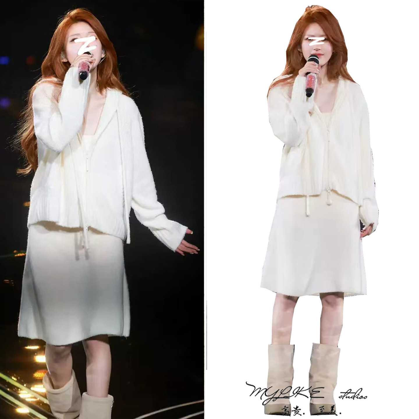 明星同款白色兔耳朵连帽开衫毛衣慵懒风拉链针织外套女半身裙套装