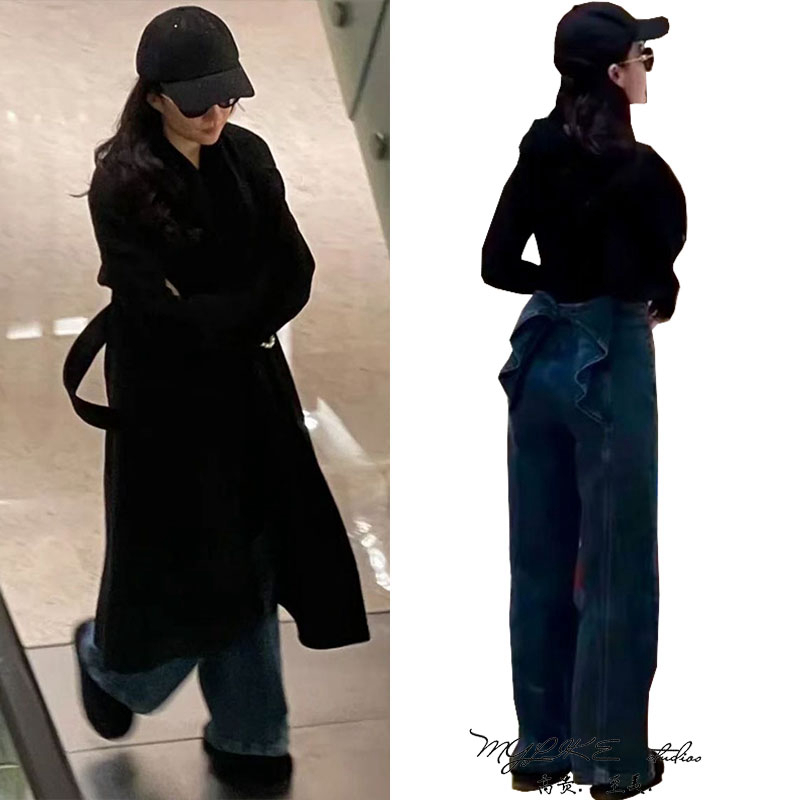 复古蓝色立体蝴蝶结直筒牛仔裤女