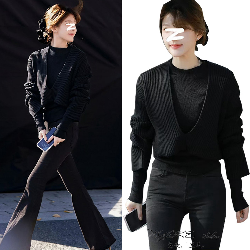 黑色羊绒保暖黑色V领叠穿毛衣女