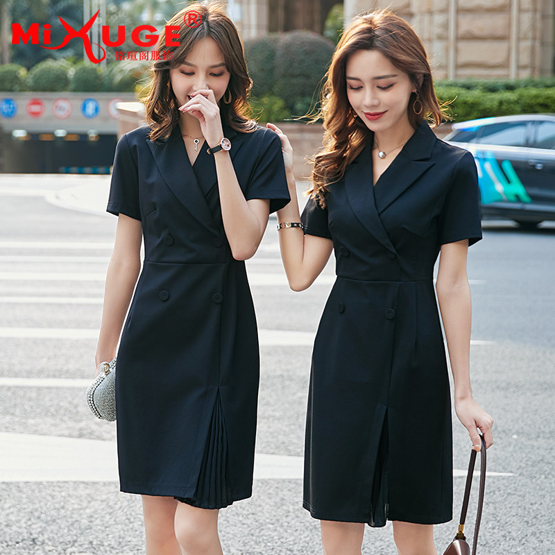 夏季短袖西装领连衣裙职业装工装时尚售楼部珠宝店工作服裙子高腰
