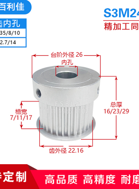 S3M24齿精加工 K型带凸台阶 同步轮槽宽7/11/17皮带轮齿外径22.16