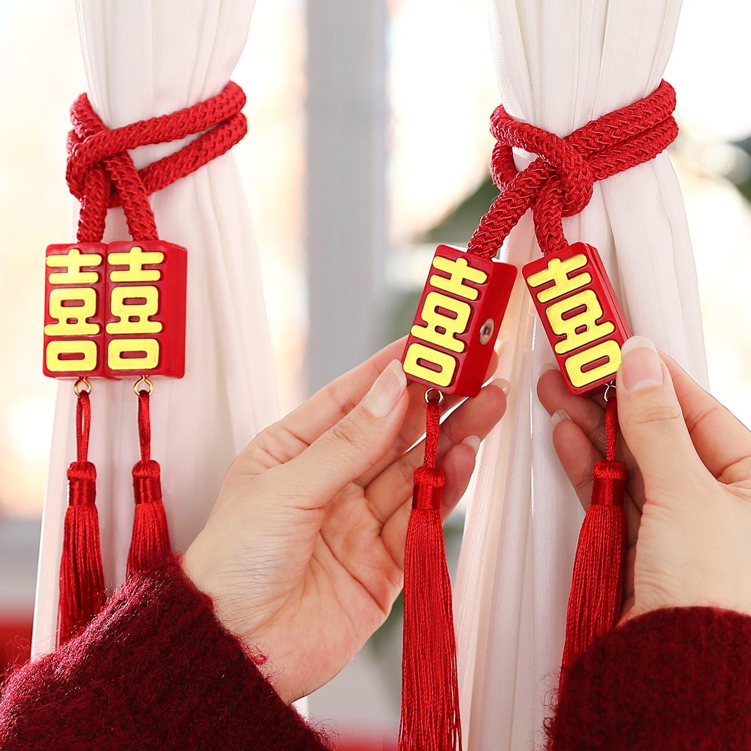 结婚烫金喜字磁吸流苏窗帘绑带图片