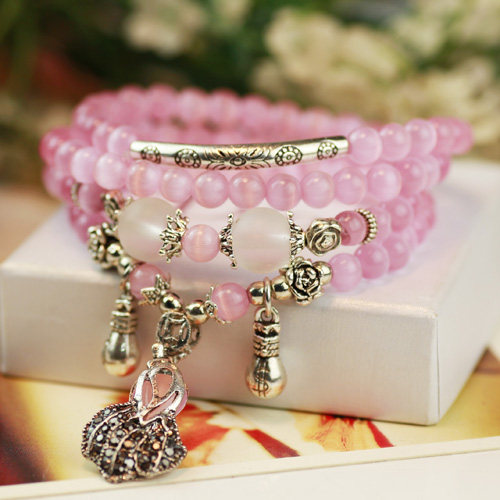粉色石头玛瑙小象佛牌长款串珠子手链女韩版时尚多层缠绕配饰品
