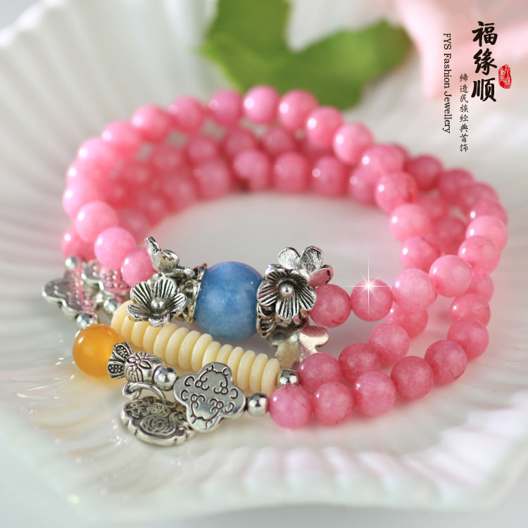粉色石头玛瑙小象佛牌长款串珠子手链女韩版时尚多层缠绕配饰品