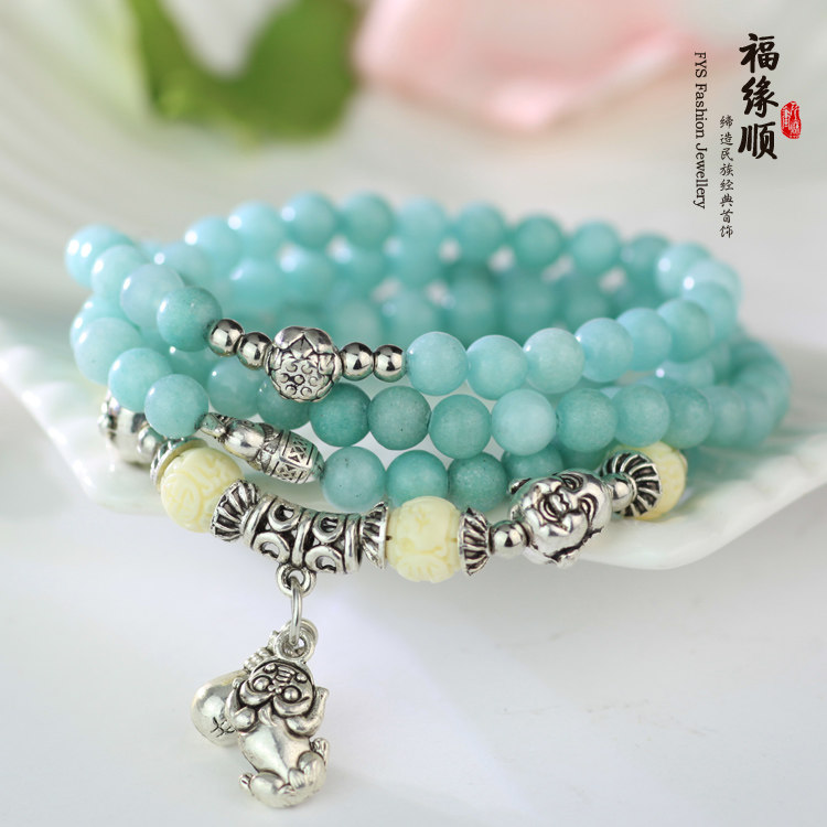 粉色石头玛瑙小象佛牌长款串珠子手链女韩版时尚多层缠绕配饰品