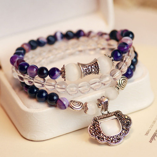 粉色石头玛瑙小象佛牌长款串珠子手链女韩版时尚多层缠绕配饰品