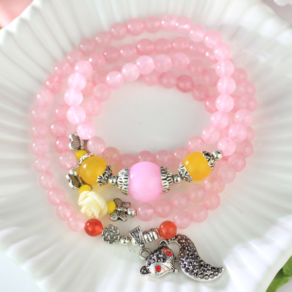 粉色石头玛瑙小象佛牌长款串珠子手链女韩版时尚多层缠绕配饰品