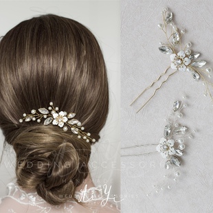 新娘头饰水晶 韩式手工制作小发梳水晶珍珠简洁大气中式礼服旗袍