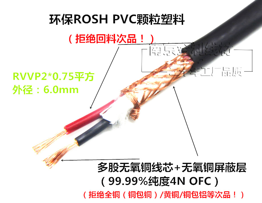 包邮屏蔽线纯铜RVVP2*0.75平方两芯屏蔽线信号通讯控制电线