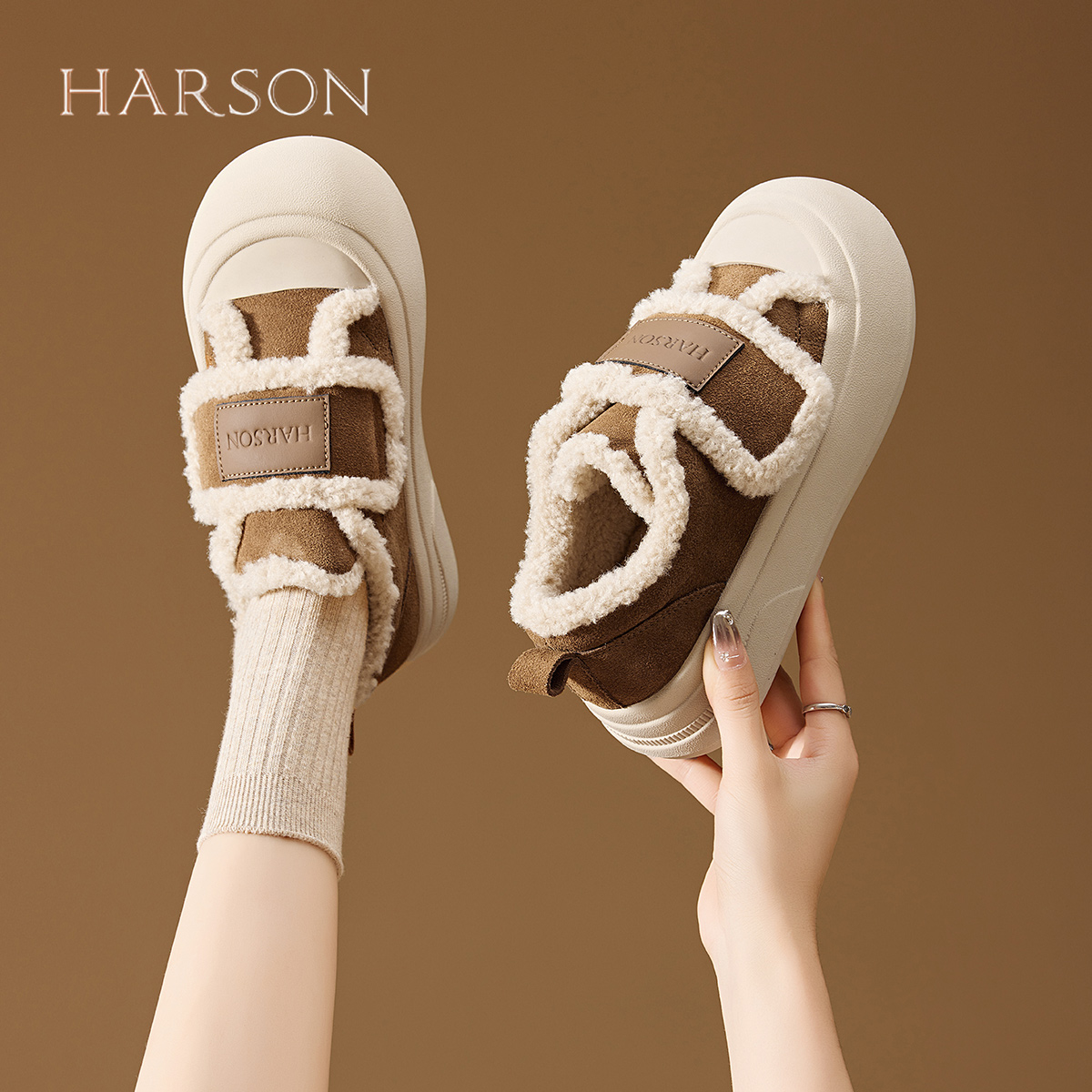 哈森女鞋冬季加绒2025新款百搭厚底轻便棉鞋舒适时尚增高休闲鞋女