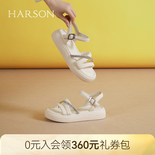 哈森厚底水钻一字带凉鞋女夏季新款时尚休闲沙滩鞋HM252201