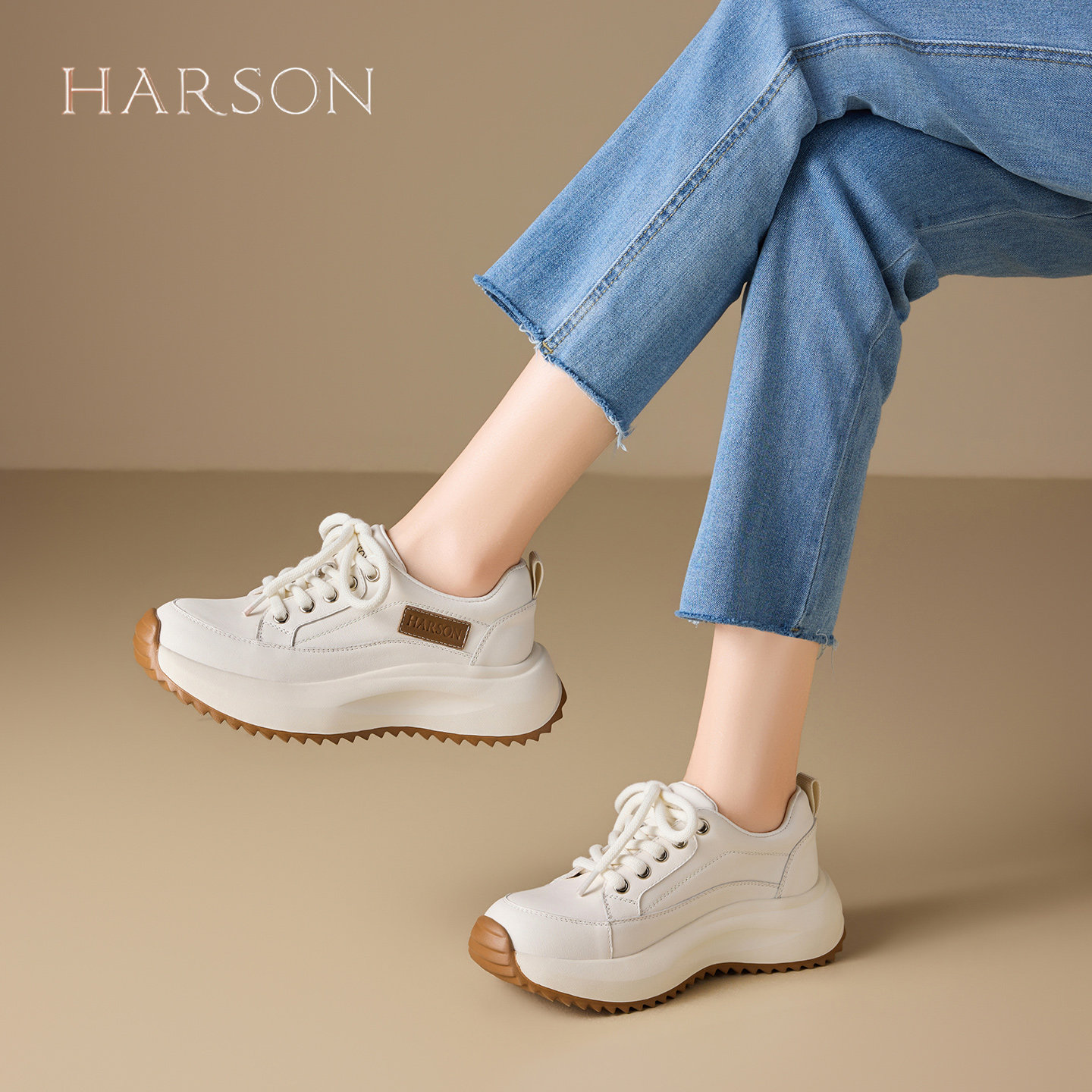 哈森头层牛皮复古厚底休闲鞋女2026春季新款爆款舒适软底运动鞋