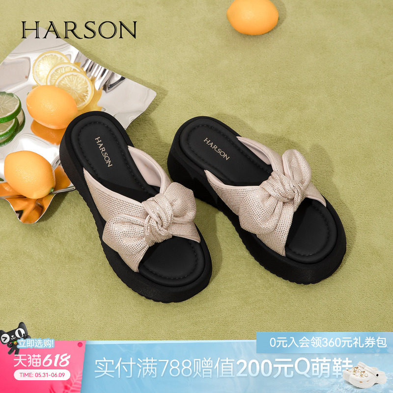 哈森舒适一字拖女夏精致蝴蝶结厚底增高时装拖鞋2026新款HM261001
