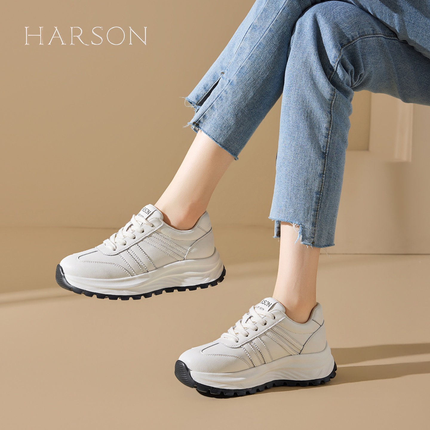 哈森厚底老爹鞋女2026春季新款爆款百搭运动休闲鞋增高小白鞋子