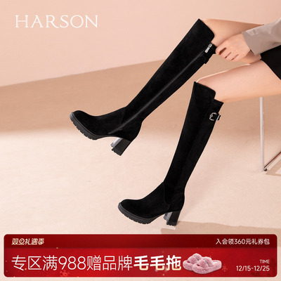哈森气质百搭过膝长筒靴女2025冬季新款舒适粗跟时装靴HA257161