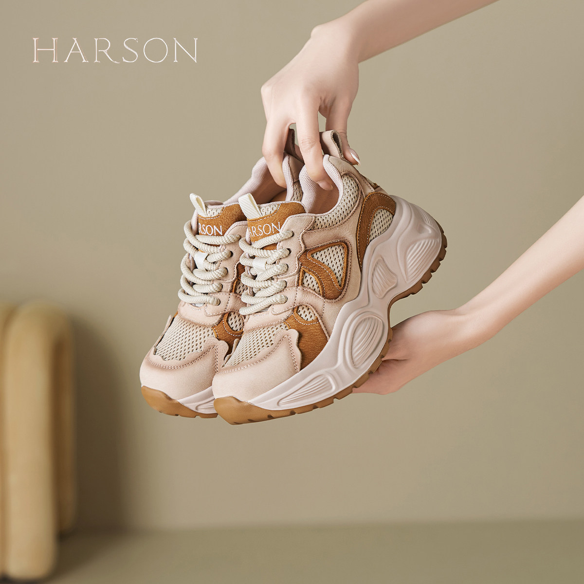 哈森复古厚底老爹鞋女2026春秋新款百搭厚底网面透气运动休闲鞋子