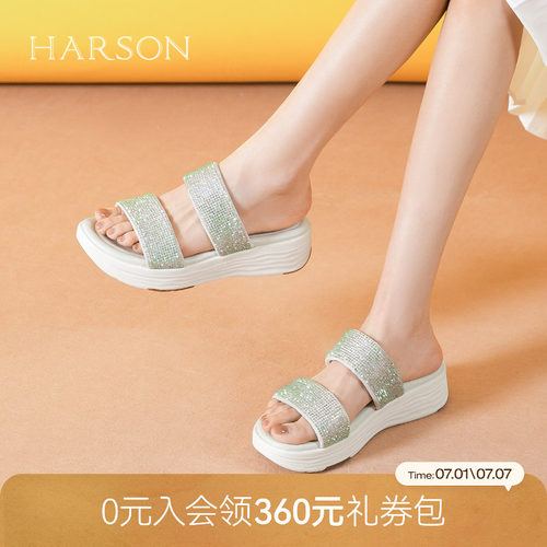 哈森厚底松糕凉拖鞋女夏季新款时尚水钻休闲一字拖鞋HM257168