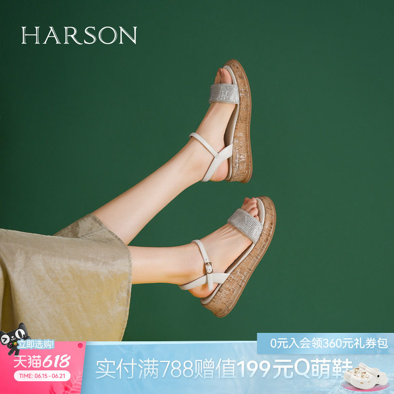 哈森厚底休闲凉鞋女夏季新款一字扣露趾罗马鞋HM257159