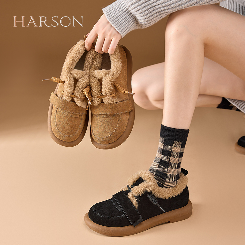哈森2024春季新款毛毛加绒乐福鞋