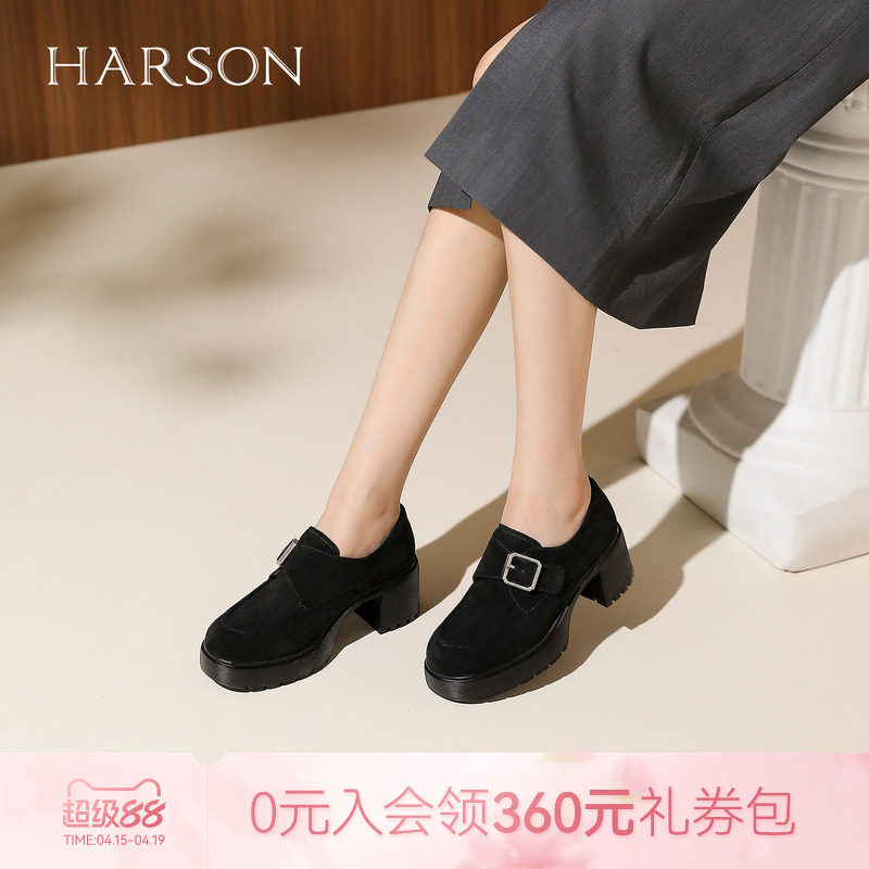 哈森复古绒面深口单鞋皮带扣黑色皮鞋粗高跟女鞋新款HL257131