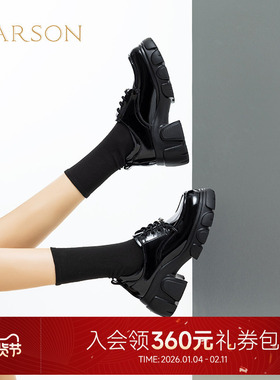哈森厚底高跟乐福鞋女2025春季新款牛皮革系带深口单鞋HS252506