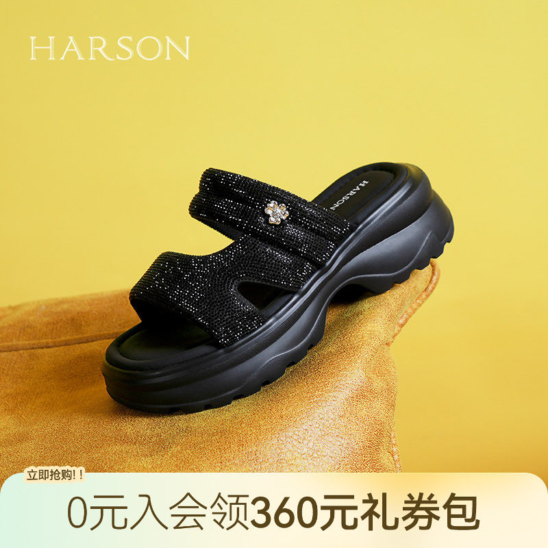 哈森水钻黑色一字拖厚底增高外穿沙滩度假凉拖鞋2026新款HM261601