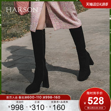 哈森秋冬新款女长筒靴弹力瘦瘦靴粗高跟加绒不过膝靴 HA06607图片