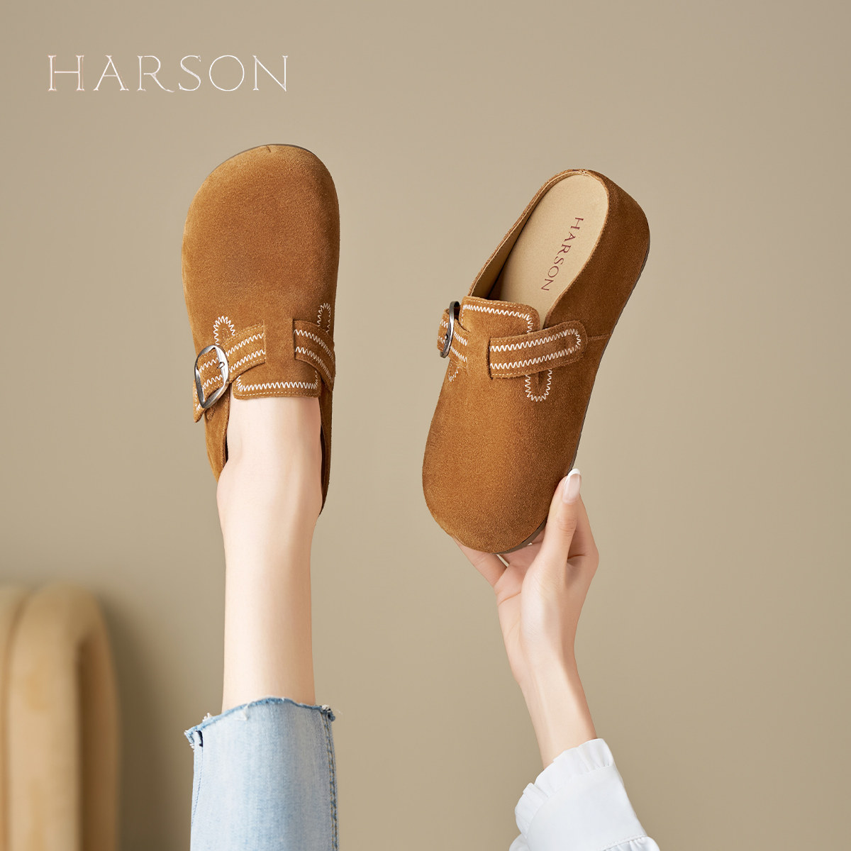 哈森复古勃肯鞋女鞋子2026春季新款爆款百搭包头半拖一脚蹬懒人鞋