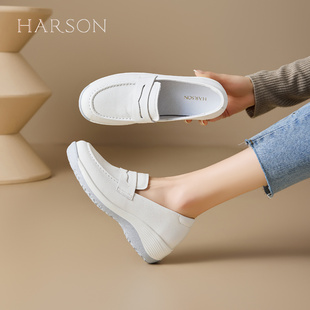 哈森厚底真皮乐福鞋女鞋子26春季新款一脚蹬轻便休闲豆豆鞋护士鞋
