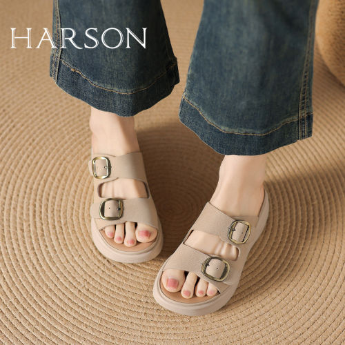 HARSON勃肯风厚底双扣一字拖女